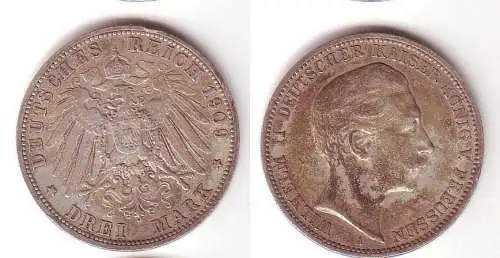 3 Mark Silbermünze Preussen Kaiser Wilhelm II 1909 Jäger 103  (109612)