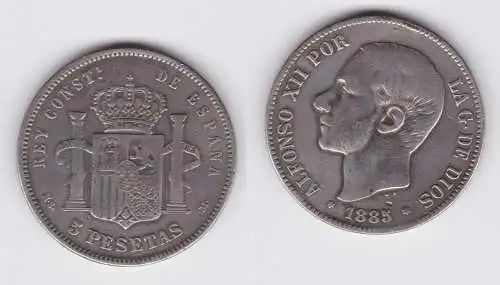 5 Pesetas Silber Münze Spanien Alfonso XII 1885 (134199)