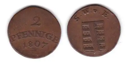 2 Pfennig Kupfer Münze Sachsen Weimar Eisenach 1807 (132443)