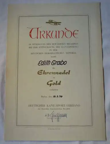 DDR Urkunde Ehrennadel in Gold des Deutschen Kanu-Sport-Verbands 1970 (114312)