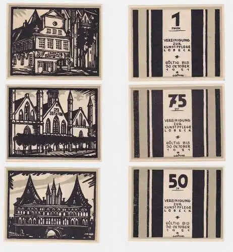 3 Banknoten Notgeld Lübeck Vereinigung zur Kunstpflege o.D. (1922) (122329)