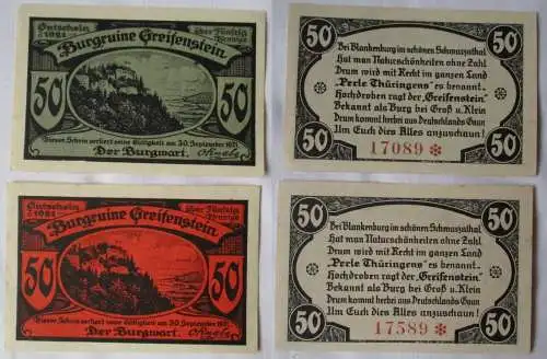 2 x 50 Pfennig Banknoten Notgeld Greifenstein bei Blankenburg 1921 (100622)