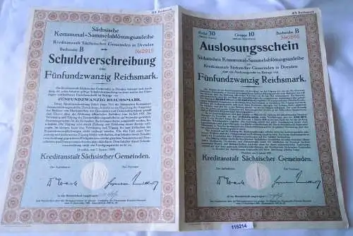 25 Reichsmark Schuldverschreibung Kreditanstalt Sächs.Gemeinde Dresden 2.1.1929