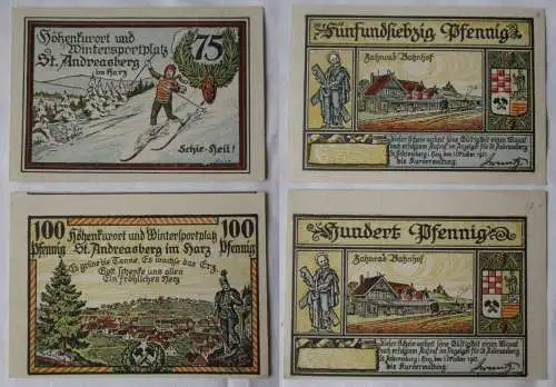 75 & 100 Pfennig Banknoten Notgeld Kurverwaltung St.Andreasberg 1921 (108710)