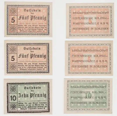 2x 5 + 10 Pfennig Banknoten Notgeld Festenberger Kolonialwarenhändler (137758)