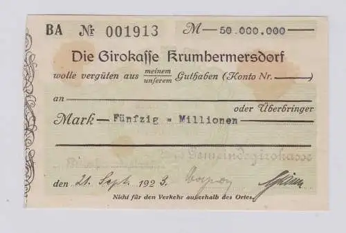 50 Millionen Mark Banknote Girokasse Krumhermersdorf 21.9.1923 (126525)