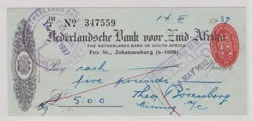 Seltener Niederländische Bank für Südafrika Bank Scheck 1937 (130662)