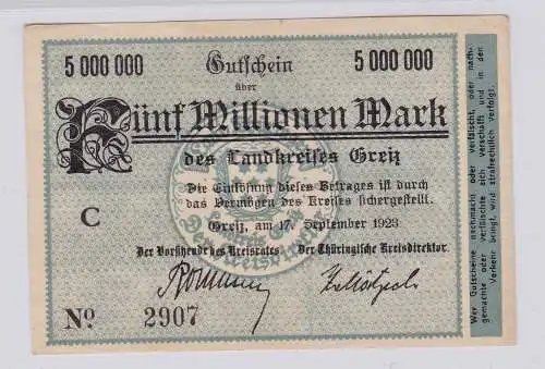 5 Millionen Mark Banknote Inflation Landkreis Greiz 17.9.1923 (126629)