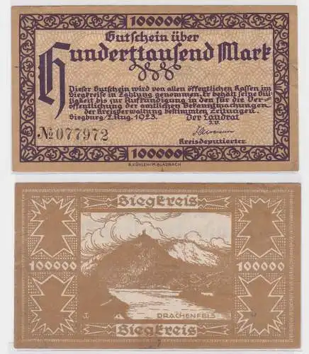 100000 Mark Banknote Stadt Siegburg 2.8.1923 (121536)