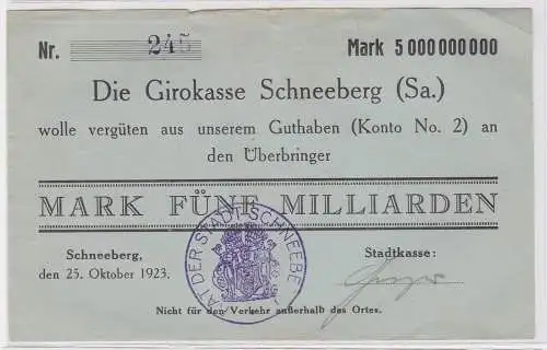 5 Milliarden Mark Banknote Girokasse Schneeberg Stadtkasse 25.10.1923 (122583)