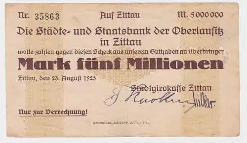 5 Millionen Mark Banknote Städte- & Staatsbank Zittau 23.8.1923 (121759)