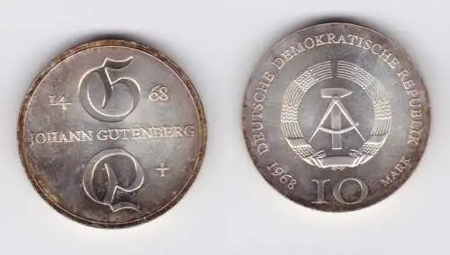 DDR Gedenk Silber Münze 10 Mark Johann Gutenberg 1968 Stempelglanz (136960)