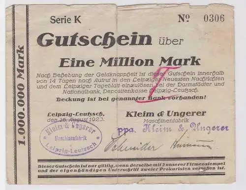 1 Mill. Mark Banknote Leipzig Leutzsch Maschinenfabrik Kleim & Ungerer (122607)