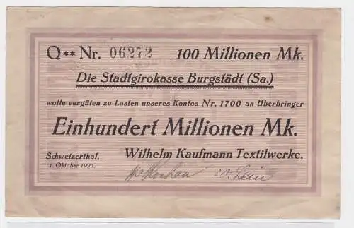 100 Millionen Mark Banknote Schweizerthal Sachsen 1.10.923 (122588)