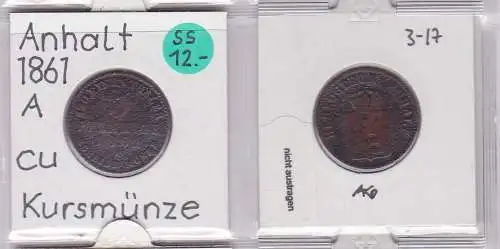 3 Pfennig Kupfer Münze Anhalt Bernburg 1861 A (121755)