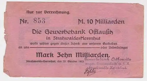 10 Milliarden Mark Banknote Inflation Strahwalde Herrnhut 25.10.1923 (114900)