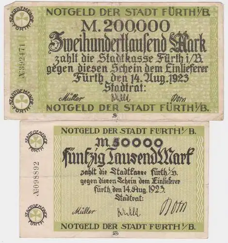 50 & 200 Tausend Mark Banknoten Stadt Fürth i.B. 14.8.1923 (120552)