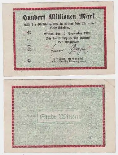 100 Millionen Mark Banknote Inflation Stadtgemeinde Witten 10.9.1923 (111333)