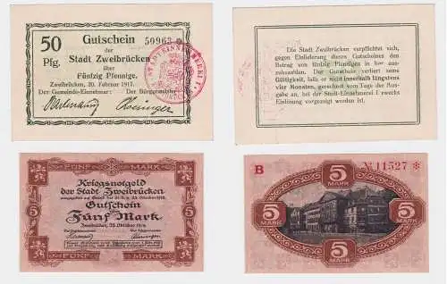 50 Pfennig & 5 Mark Banknoten Stadt Zweibrücken 1917/1918 (121275)