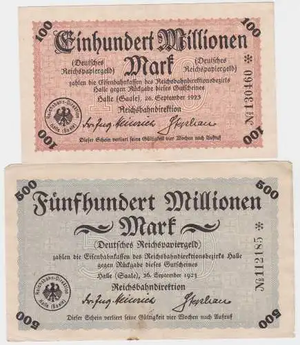 100 & 500 Millionen Mark Banknoten Reichsbahndirektion Halle 1923 (120527)