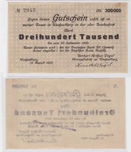 300000 Mark Banknote Wechselburg Strumpffabrik Vogel 15.8.1923 (121436)