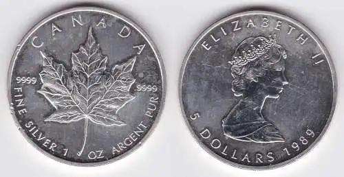 5 Dollar Silber Münze Kanada Meaple Leaf 1989 1 Unze Feinsilber (125080)