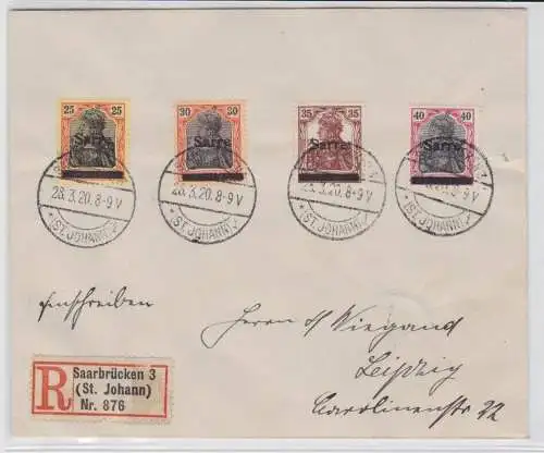 95111 Einschreiben Brief Saargebiet von Saarbrücken nach Leipzig 26.3.1920