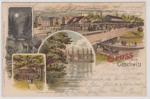 48169 Ak Lithographie Gruß aus Gaschwitz Bahnhof, Post usw. 1901