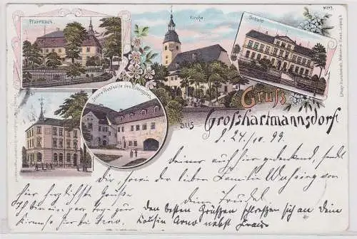 88563 Ak Lithographie Gruß aus Großhartmannsdorf Rittergut, Post, Schule usw. 18