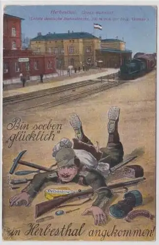 97143 Humor AK Bin soeben glücklich in Herbesthal angekommen! Grenz-Bahnhof 1917