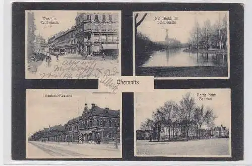 82378 AK Chemnitz - Infanterie-Kaserne, Bahnhof, Schloßteich, Kirche & Post 1911