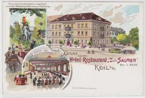 51950 Lithographie Ak Gruss aus dem Hotel-Restaurant "Zum Salmen" Kehl um 1900