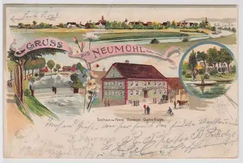 47618 Lithographie Ak Gruss aus Neumühl - Gasthaus z. Krone, Kinzigwehr usw 1906