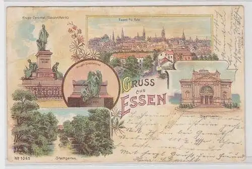43184 Ak Lithographie Gruß aus Essen Krupp Dekmal, Stadtgarten usw. 1902