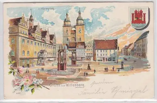 00849 AK Gruss aus Wittenberg - Marktplatz mit Rathaus und Geschäften 1901