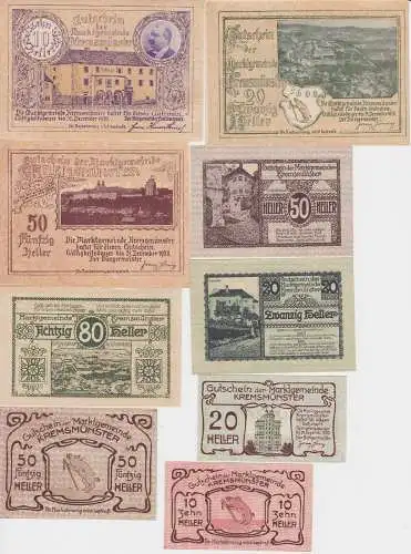 9 Banknoten 10 bis 80 Heller Notgeld Marktgemeinde Kremsmünster 1920 (143858)