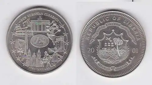 5 Dollar Nickel Münze Liberia 2001 Einführung Euro, Wahrzeichen der EU (118934)