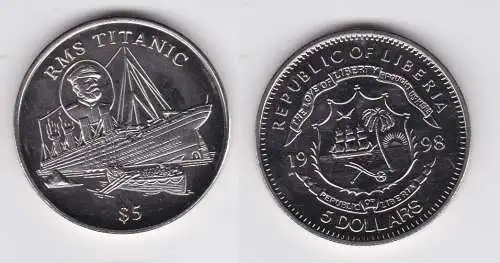 5 Dollar Nickel Münze Liberia 1998 RMS Titanic Stempelglanz (105257)