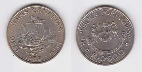 100 Escudos Münze Portugal Ilhas Canarias, Segelschiff Entdeckung 1989 (102778)