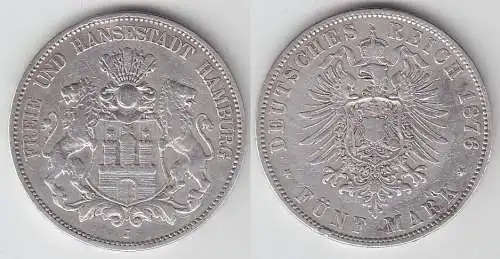 5 Mark Silbermünze Freie und Hansesatdt Hamburg 1876 Jäger 62  (105145)