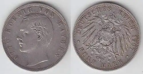 5 Mark Silbermünze Bayern König Otto 1907 Jäger 46  (108339)
