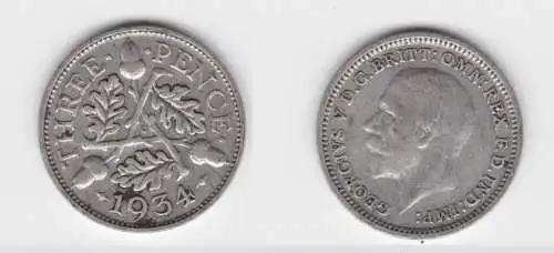 3 Pence Silber Münze Großbritannien George V. 1934 ss (152841)