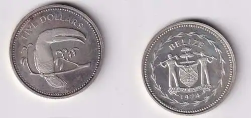 5 Dollar Silber Münze Belize Bedrohte Tierwelt Toucan 1974 PP (153525)