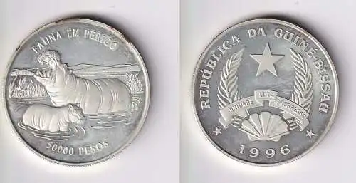 50000 Pesos Silber Münze Guinea Bissau Flusspferde 1996 PP (151208)