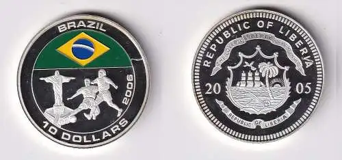 10 Dollar Farb Silber Münze Liberia 2005 Fussball WM 2006 Brasilien (151628)