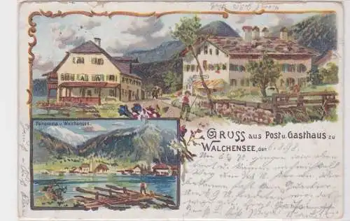 908163 Lithographie Ak Gruss aus Post u. Gasthaus zu Walchensee 1898