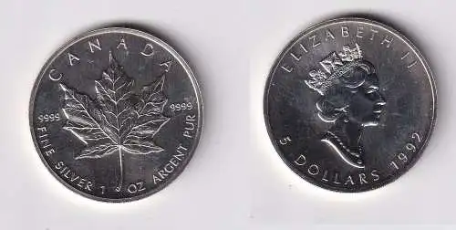 5 Dollar Silber Münze Kanada Maple Leaf 1992 1 Unze Feinsilber  (154557)