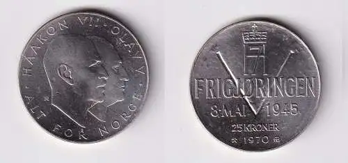 25 Kronen Silber Münze Norwegen 	25 Jahre Befreiung 1970 Stgl.(158305)
