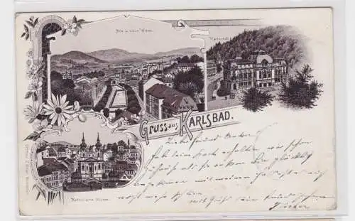 907924 Lithographie Ak Gruss aus Karlsbad - Kaiserbad, Wiese, Kath. Kirche 1901