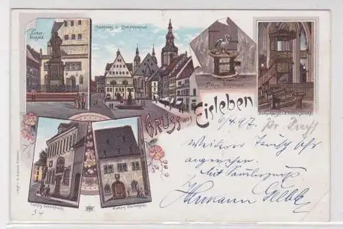 907265 Lithographie Ak Gruss aus Eisleben - Lutherdenkmal, Marktplatz usw. 1897